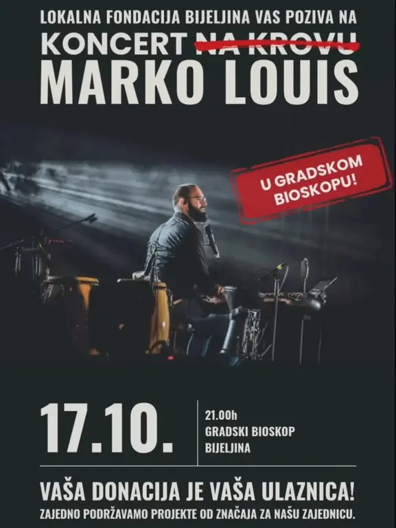 Plakat koncerta Marka Louisa 17. oktobra 2025. u Gradskom bioskopu u Bijeljini.